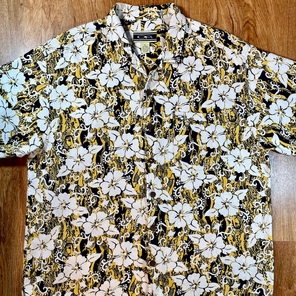Vintage Mens OP Ocean Pacific Ribbed Hawaiian Shirt Size XL Yellow Black White